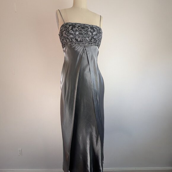 Silver Gown Retro 90s Prom Dress Empire Waist Y2K Special Occassion Thea Dora 4 - Picture 8 of 12